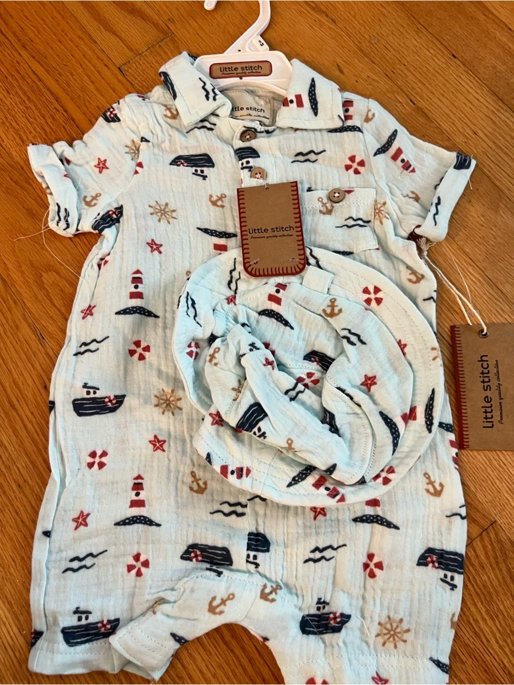 Little Stitch Nautical Print Baby Bottoms shorts romper and hat in Light Blue